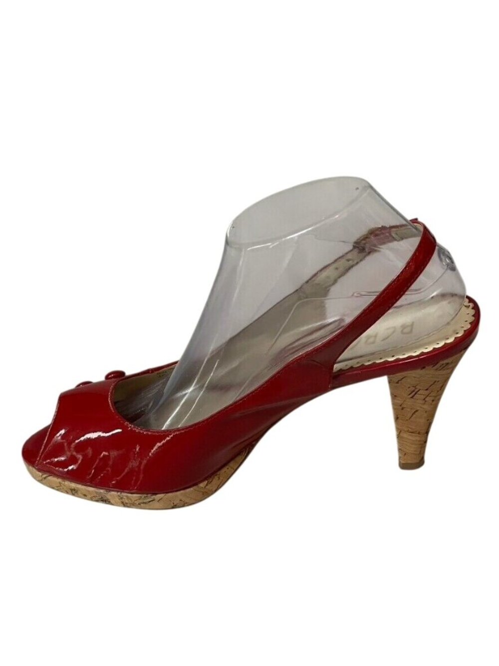 BCBG Paris Red Patent Leather Peep-Toe Slingback Heels With Cork Wedge Size 9B - Picture 7 of 12
